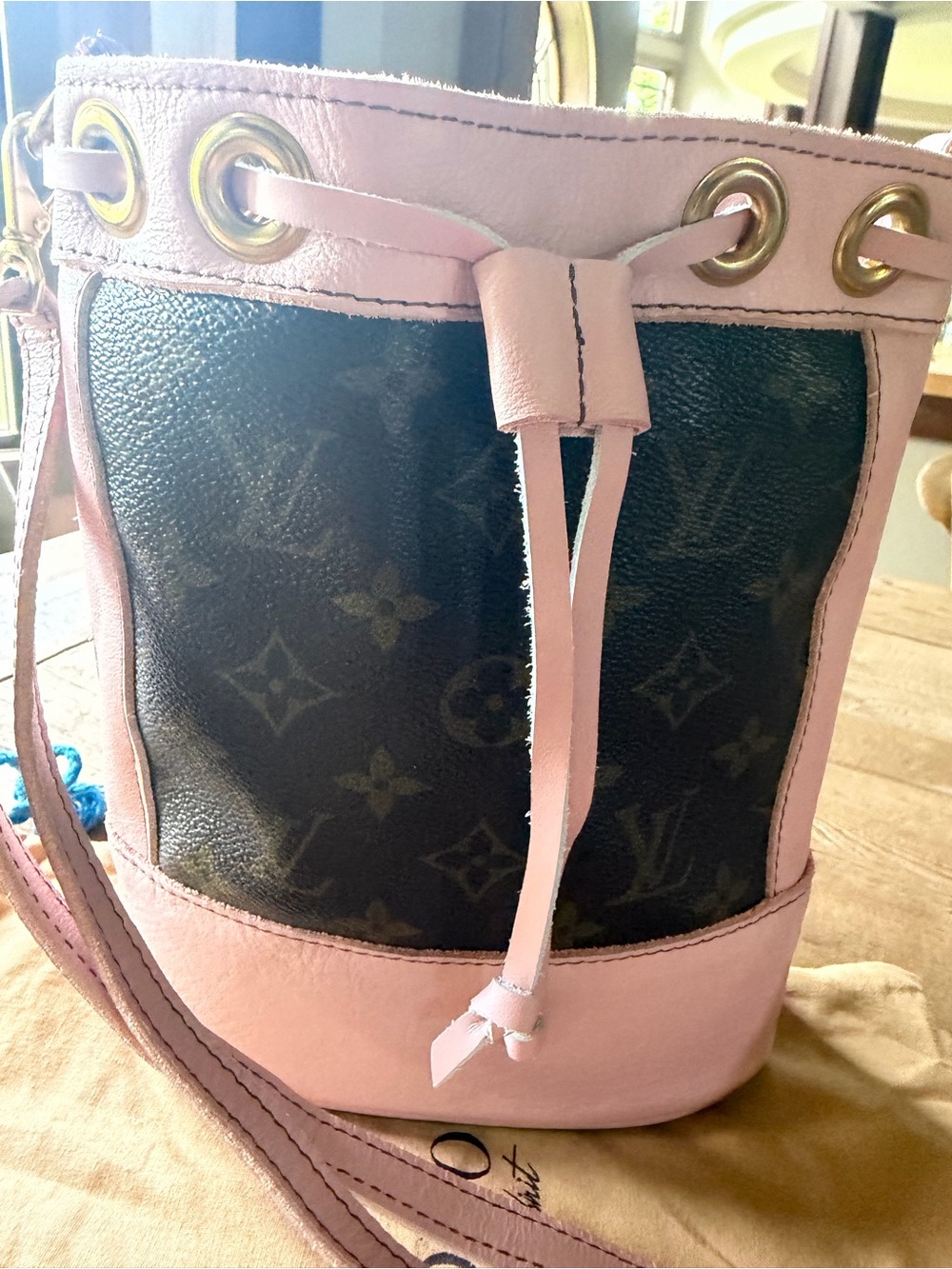 Vintage Boho upcycled Louis Vuitton Pink Monogram Petite Bucket Crossbody/Roadie